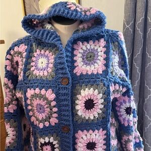NEW women's crochet handmade xl granny square longer cardigan with buttons
